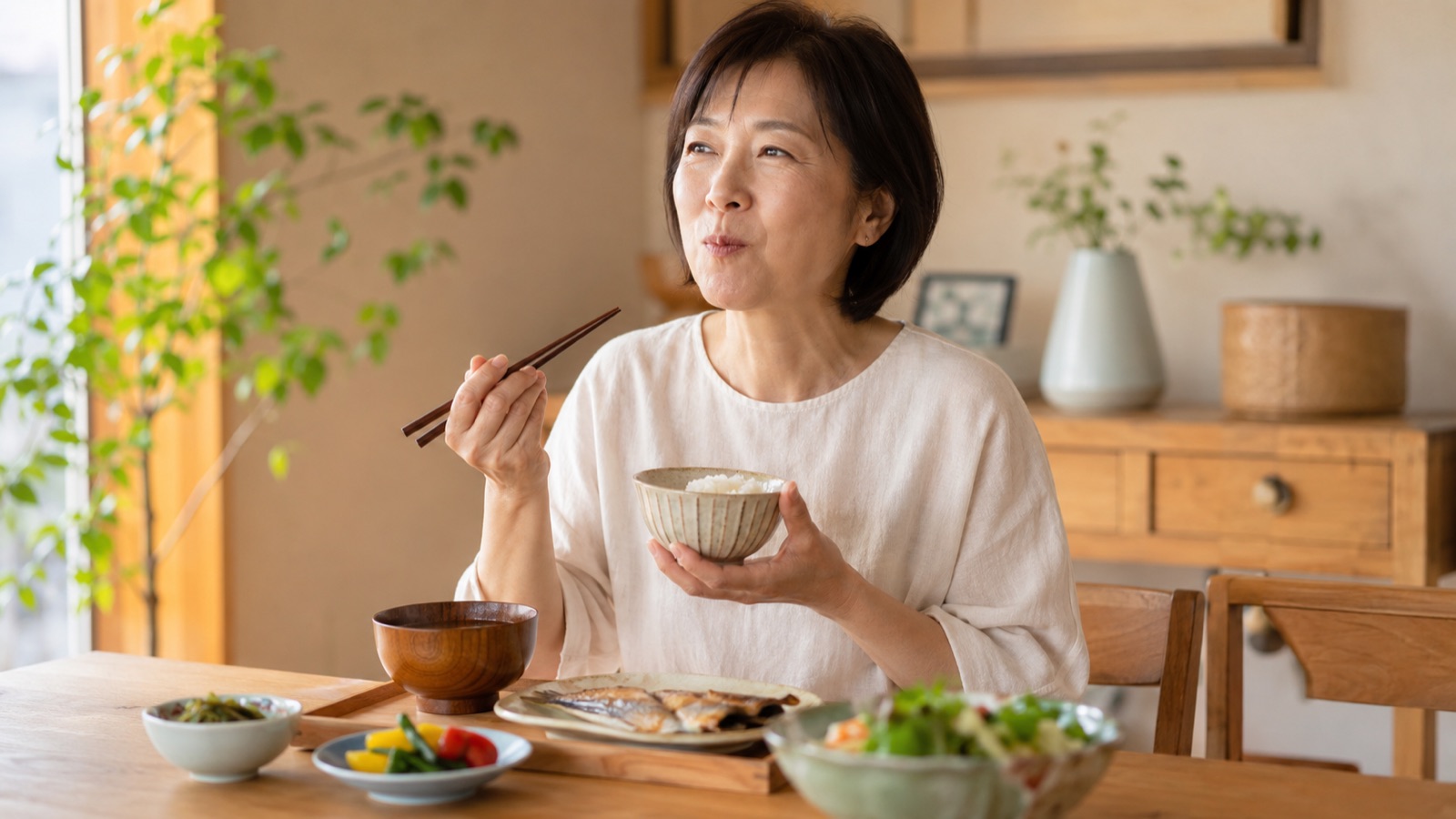 よく噛んでゆっくり食事を楽しむ40代女性のイメージ