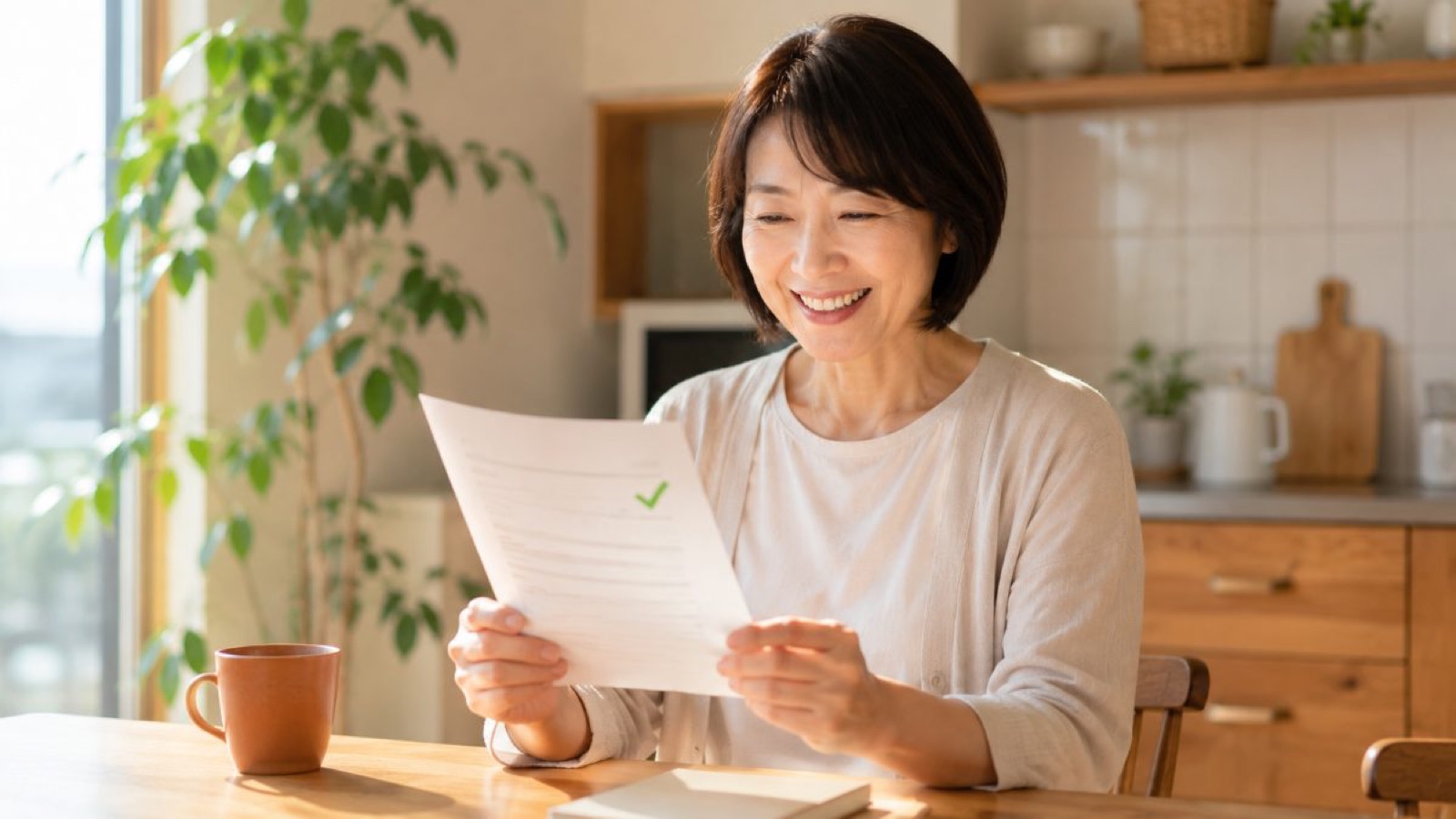 健康診断の結果表を見て笑顔を見せる50代女性のイメージ