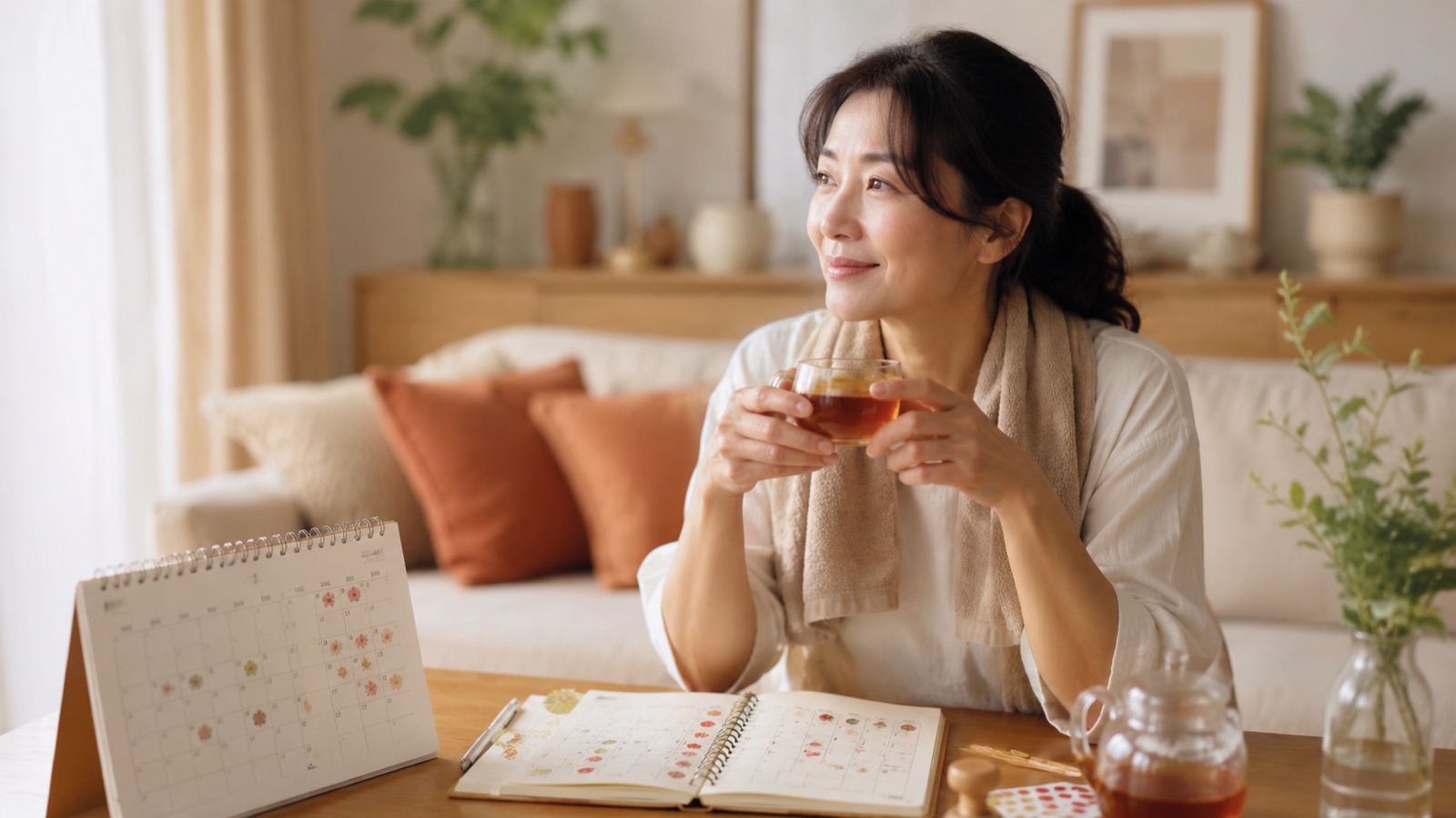 運動の後にお気に入りのお茶でリラックスする40代女性のイメージ