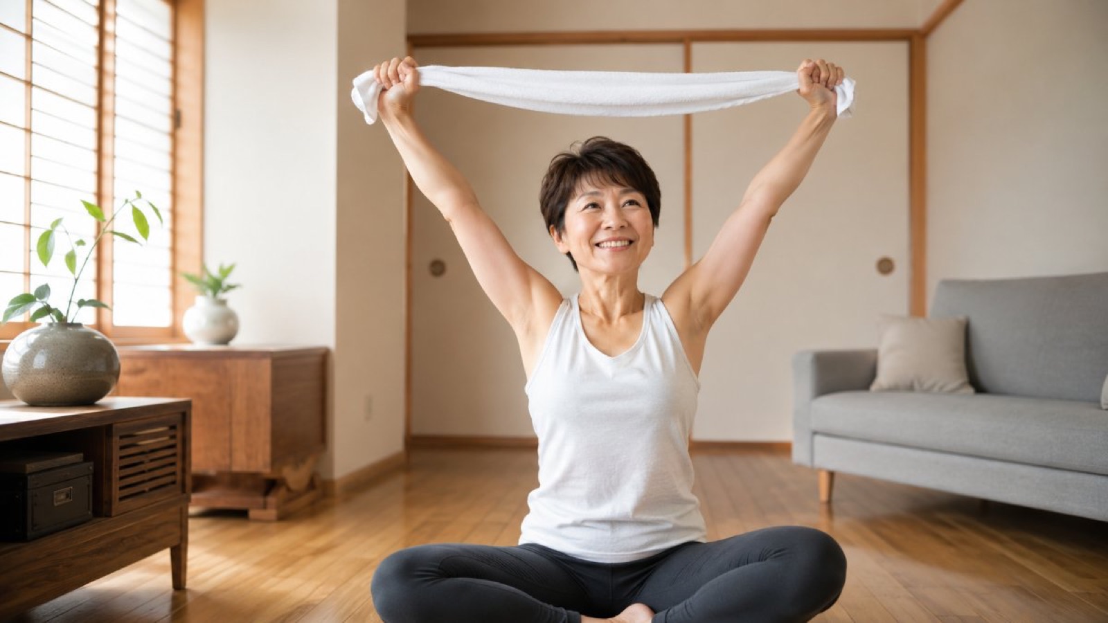 タオルを使って自宅でエクササイズをする40代女性のイメージ