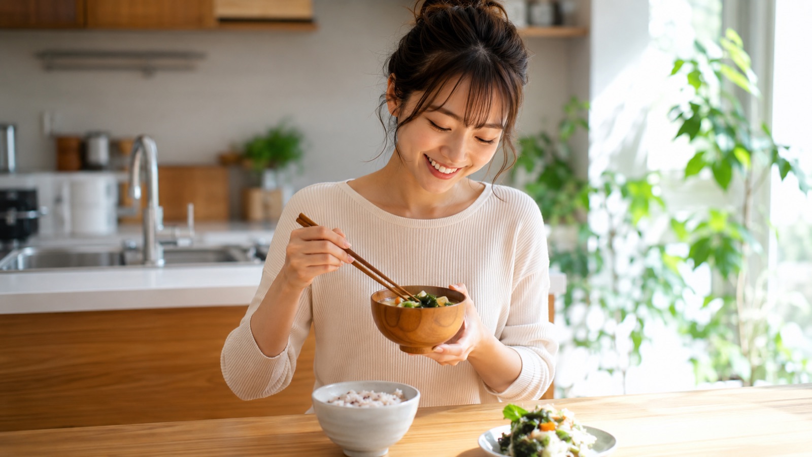 野菜ときのこ、海藻を使った食物繊維たっぷりの食事を楽しむ40代女性のイメージ