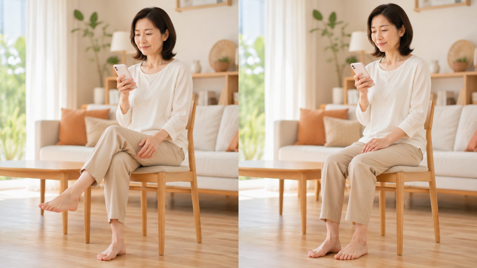 椅子で足を組んで座る女性のイメージと、正しい座り姿勢を並べたイラスト