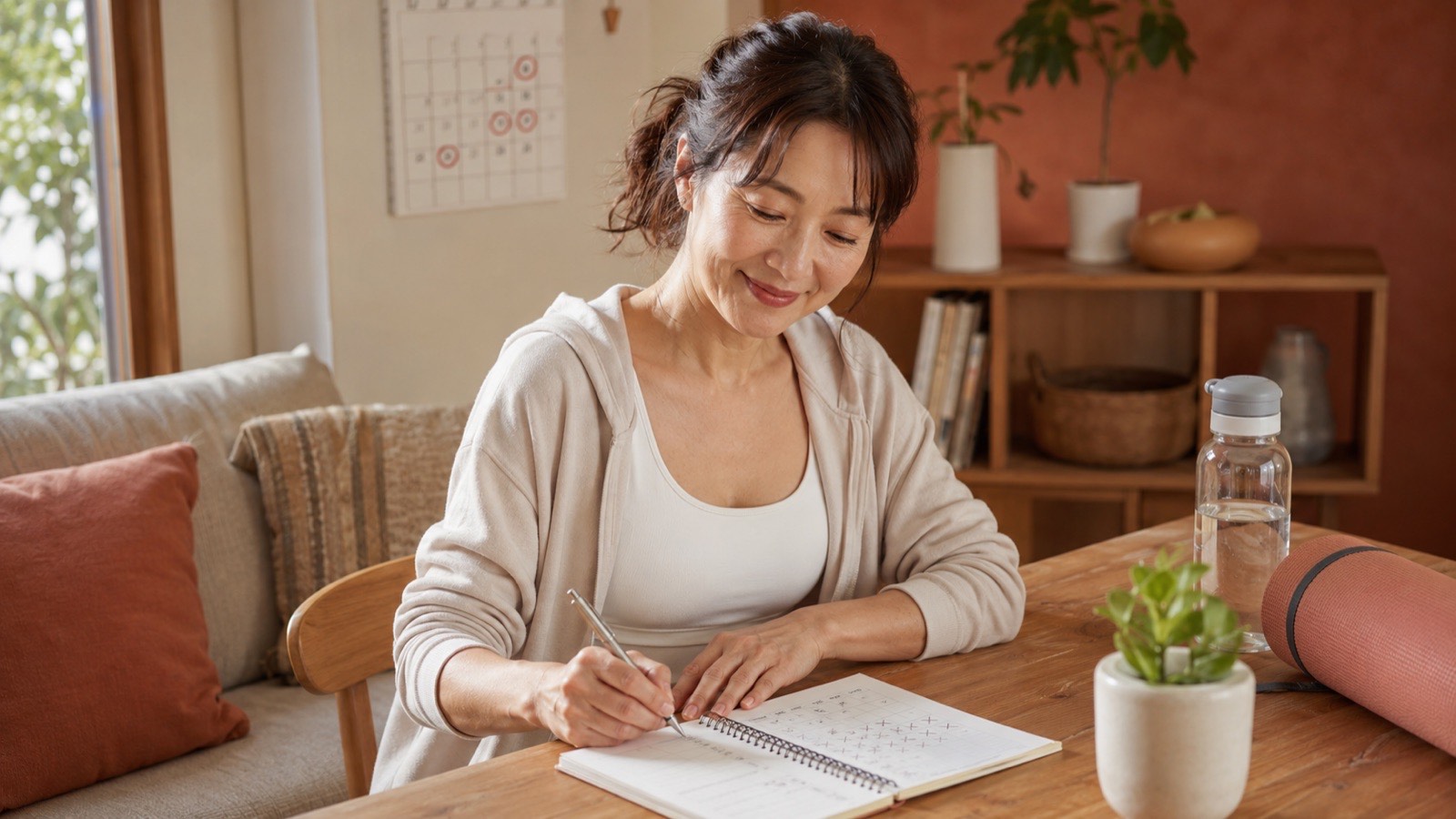 手帳に運動の記録をつける40代女性のイメージ