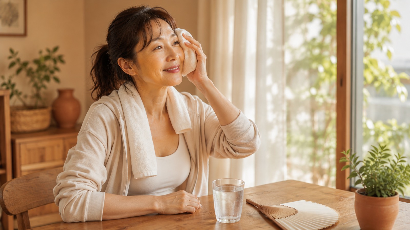 夏の暑さの中で汗をかきにくさを感じる40代女性のイメージ