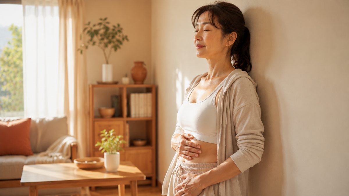 壁を使ってお腹引き締めエクササイズをする40代女性のイメージ