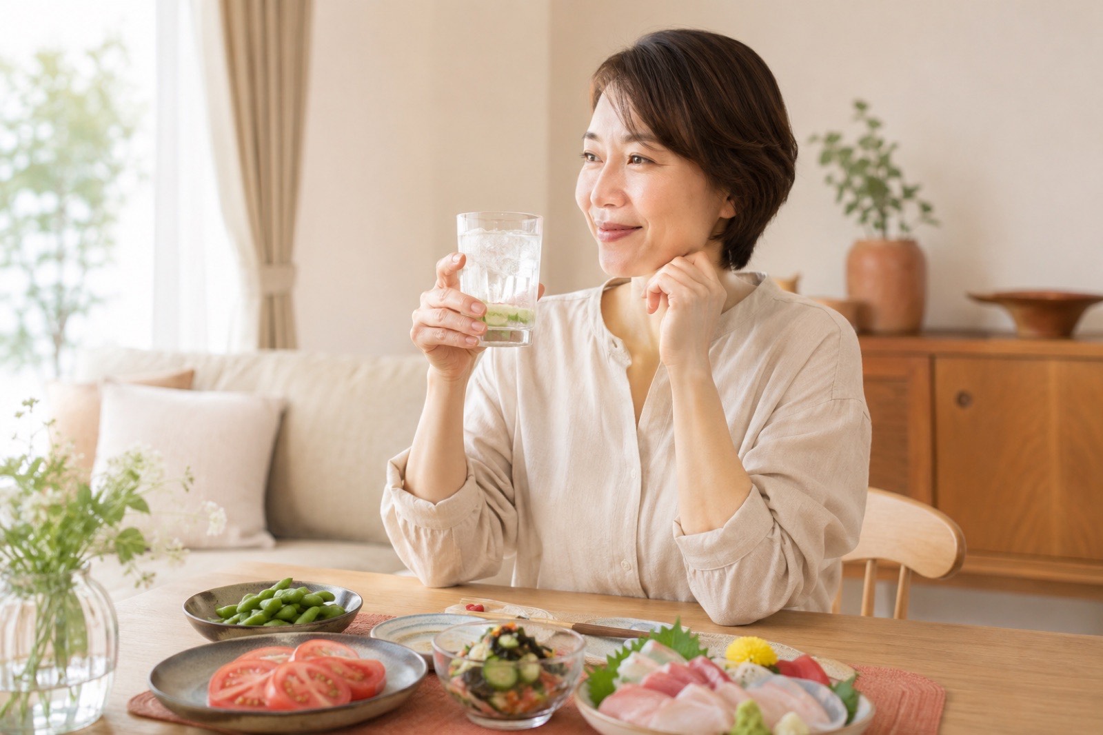 お酒とヘルシーなおつまみを楽しむ40代女性のイメージ