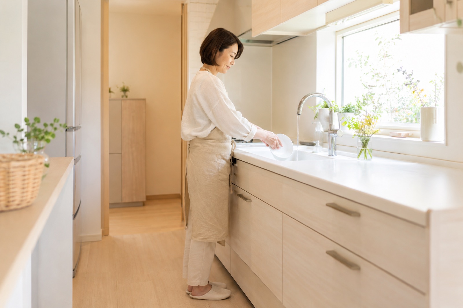 キッチンで洗い物をしながら立ち姿勢を意識する40代女性のイメージ