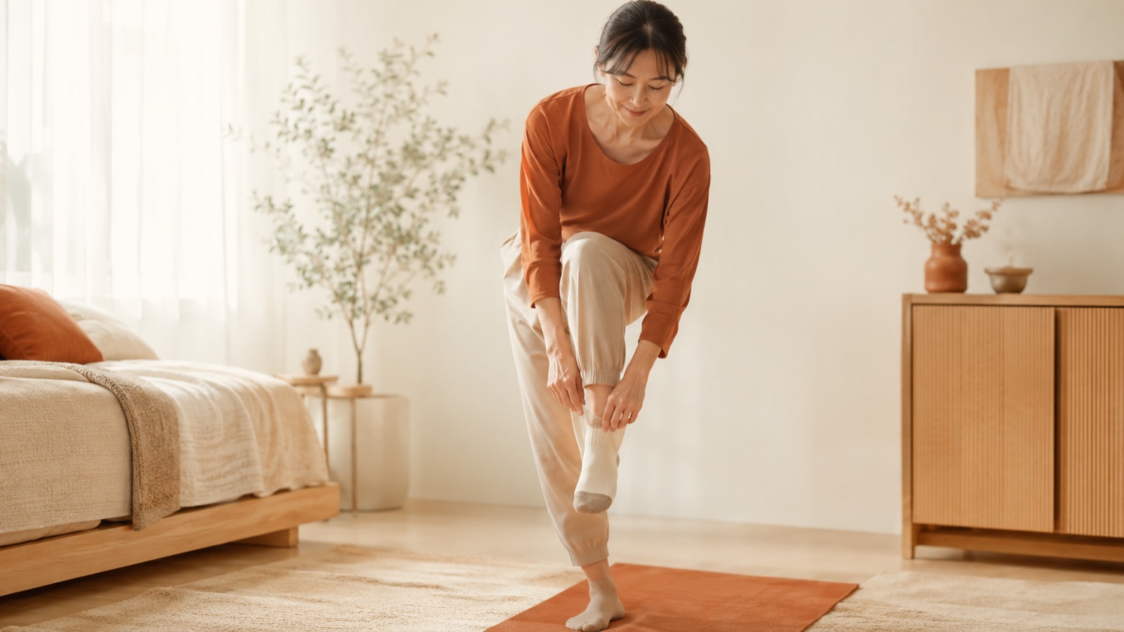片足立ちで靴下を履く練習をする50代女性のイメージ