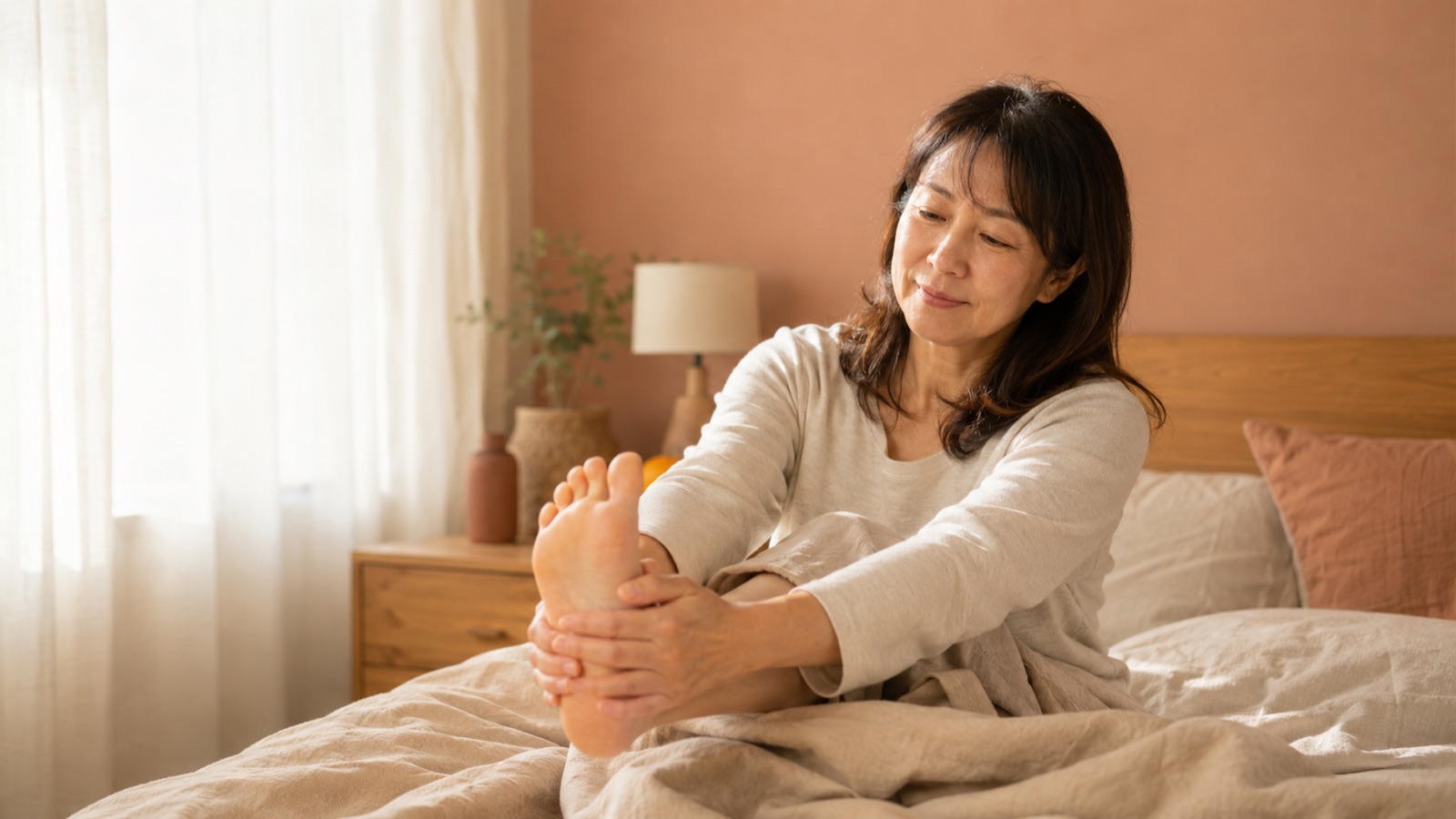朝、布団の中で足首を回してストレッチする40代女性のイメージ