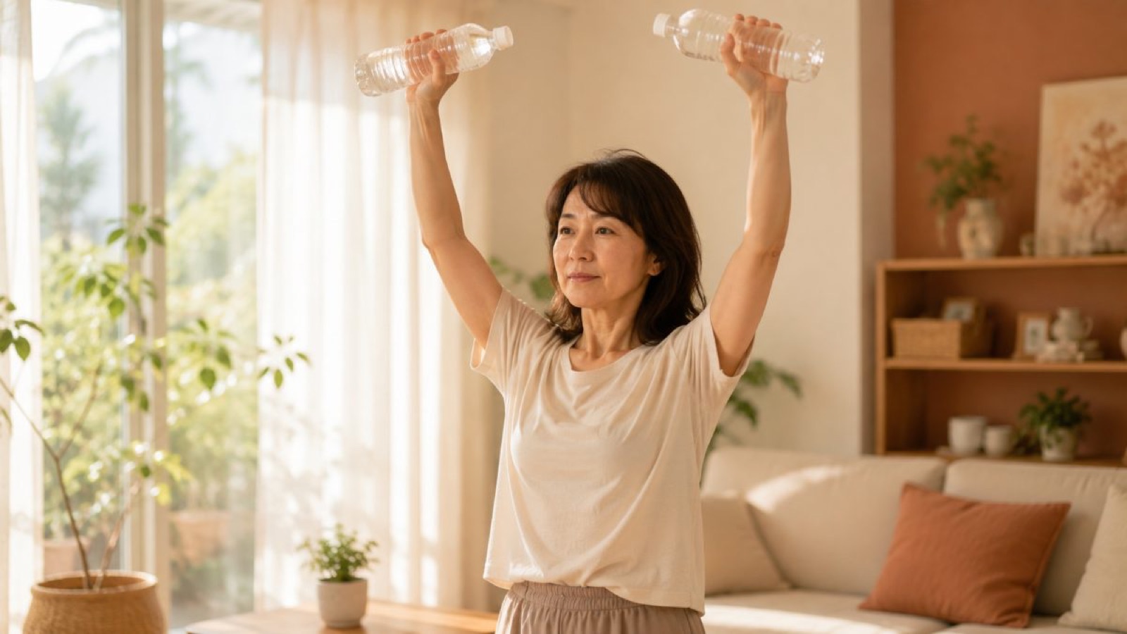 水を入れたペットボトルを持って二の腕を引き締める運動をする40代女性のイメージ