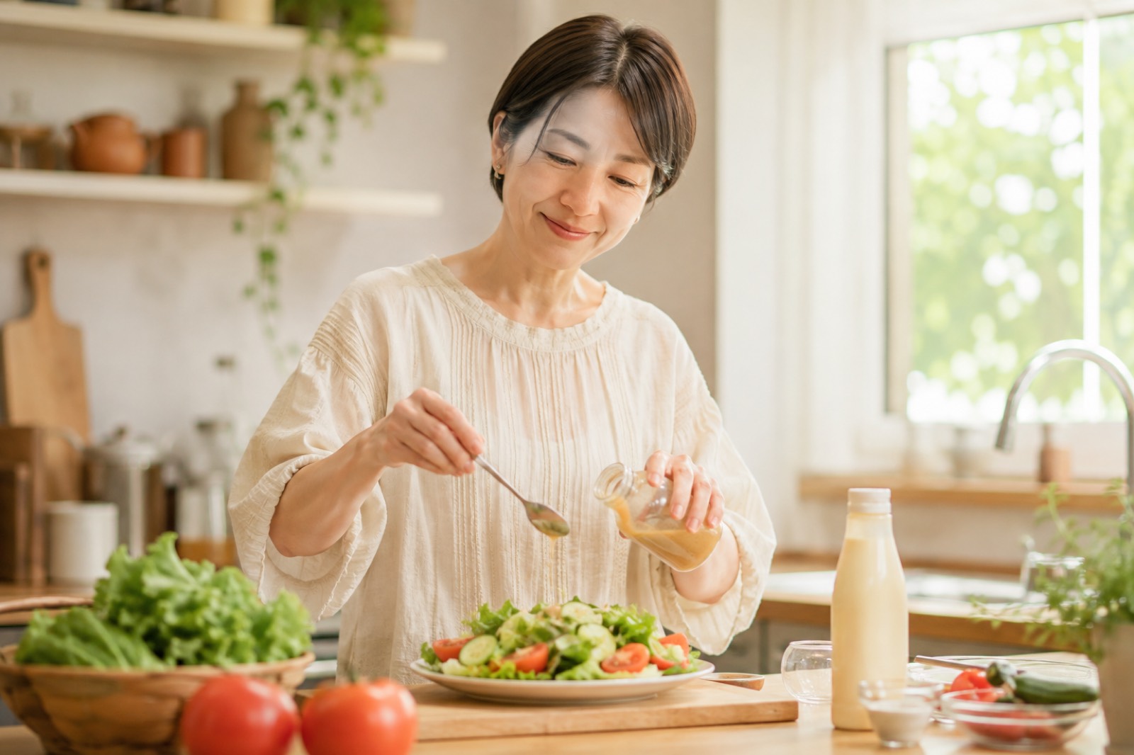 マヨネーズやドレッシングなど調味料を手に取り選び方を見直す40代女性のイメージ