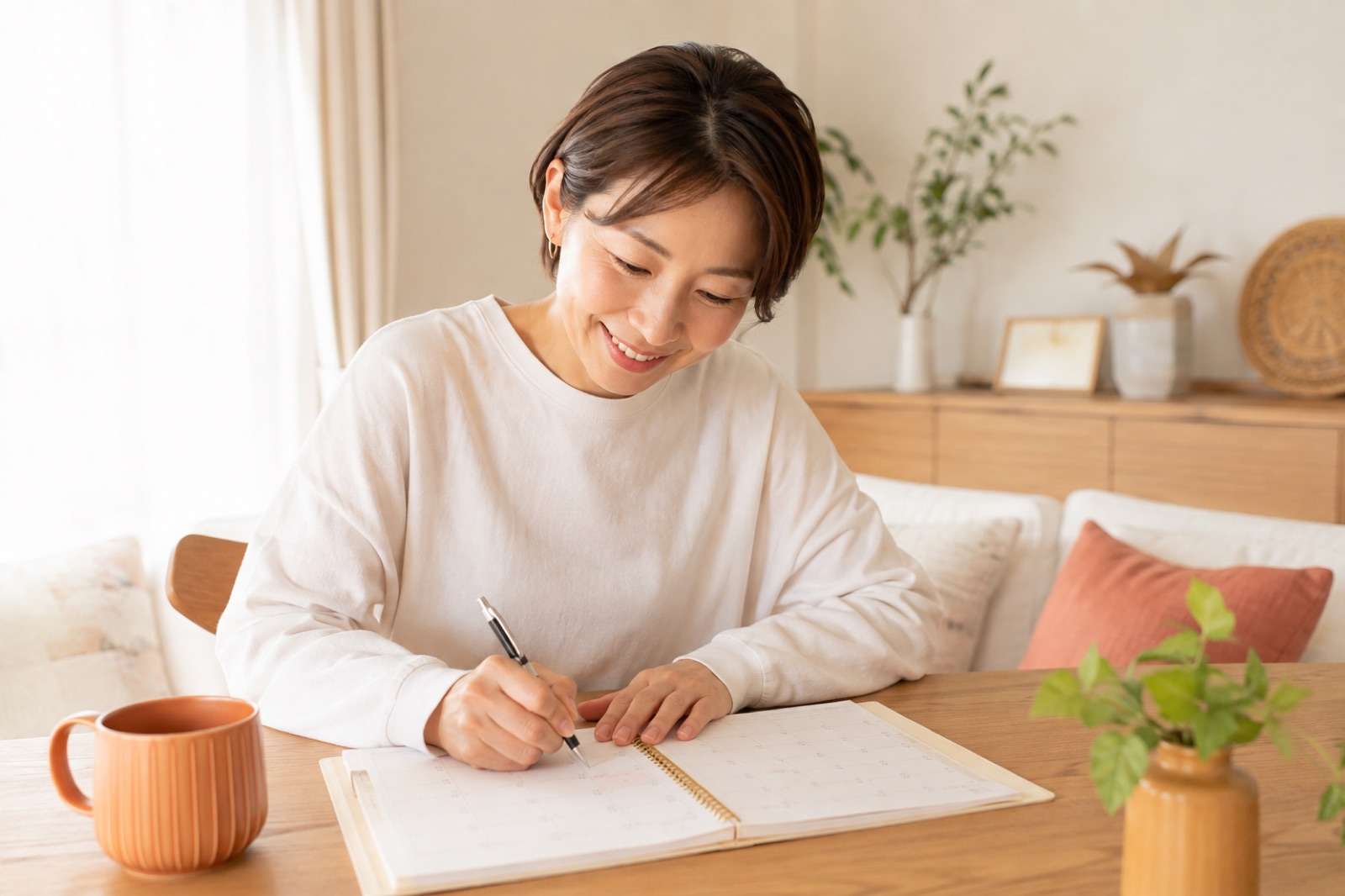 カレンダーに運動の予定を書き込みながら頻度を考える40代女性のイメージ