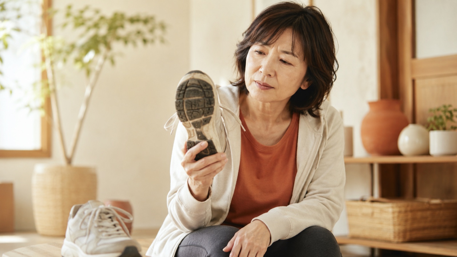 靴のかかとのすり減り具合をチェックする40代女性のイメージ