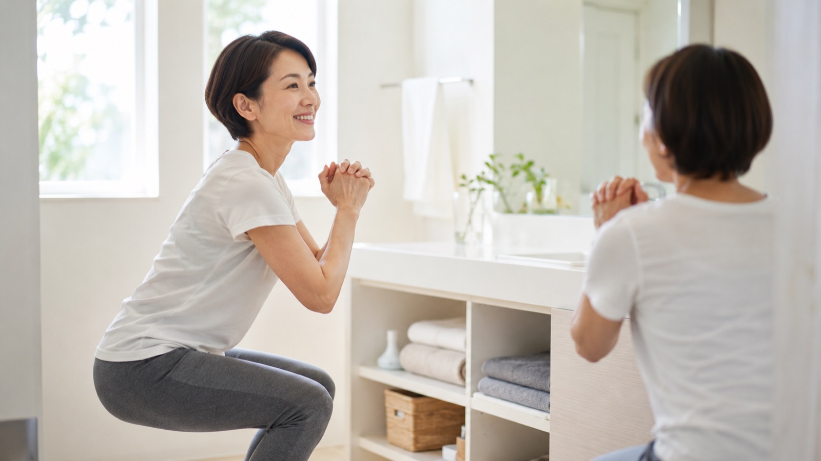 歯みがきの後に軽いスクワットをする40代女性のイメージ