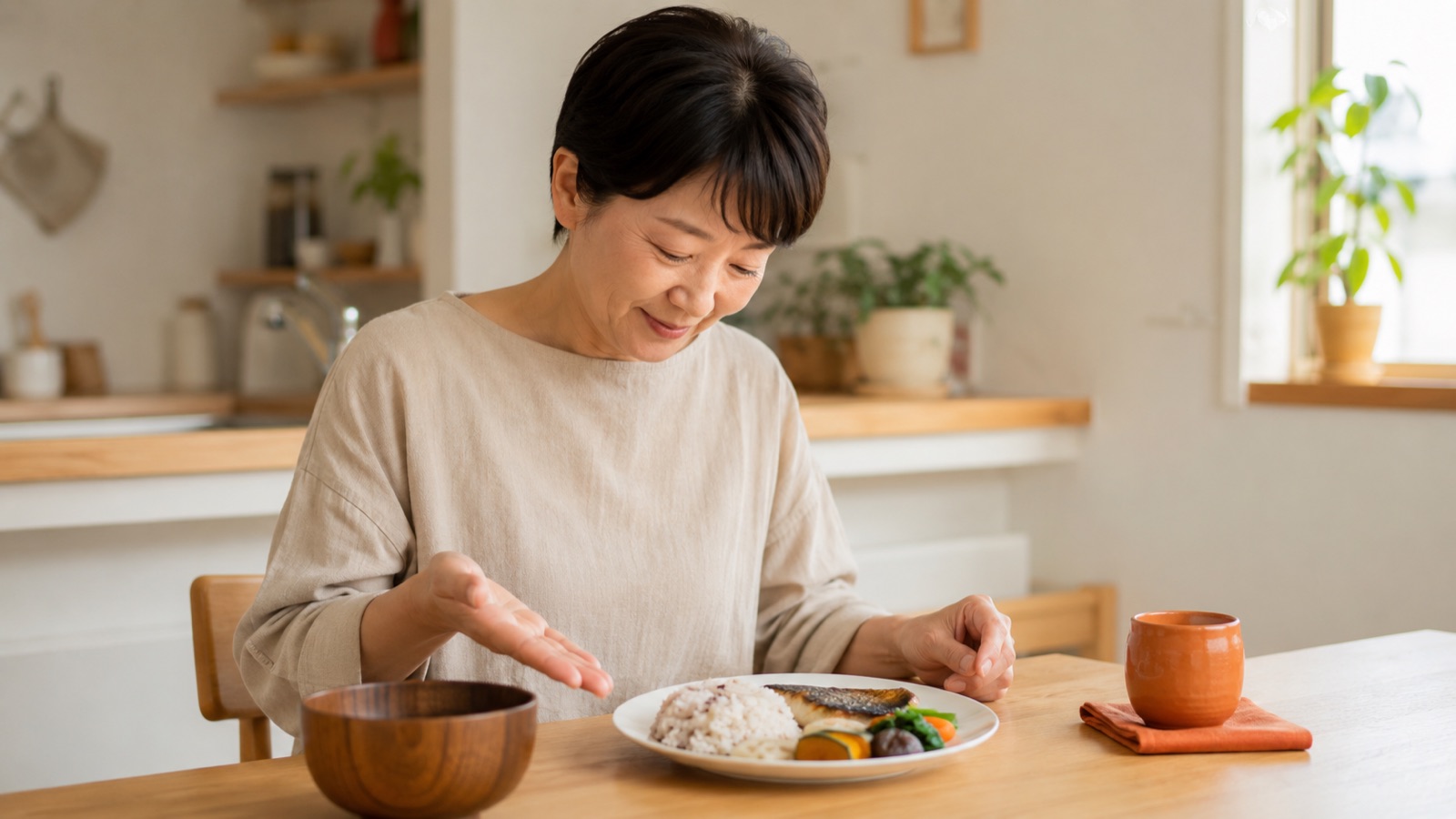 手のひらを使って食事の量を確認する40代女性のイメージ