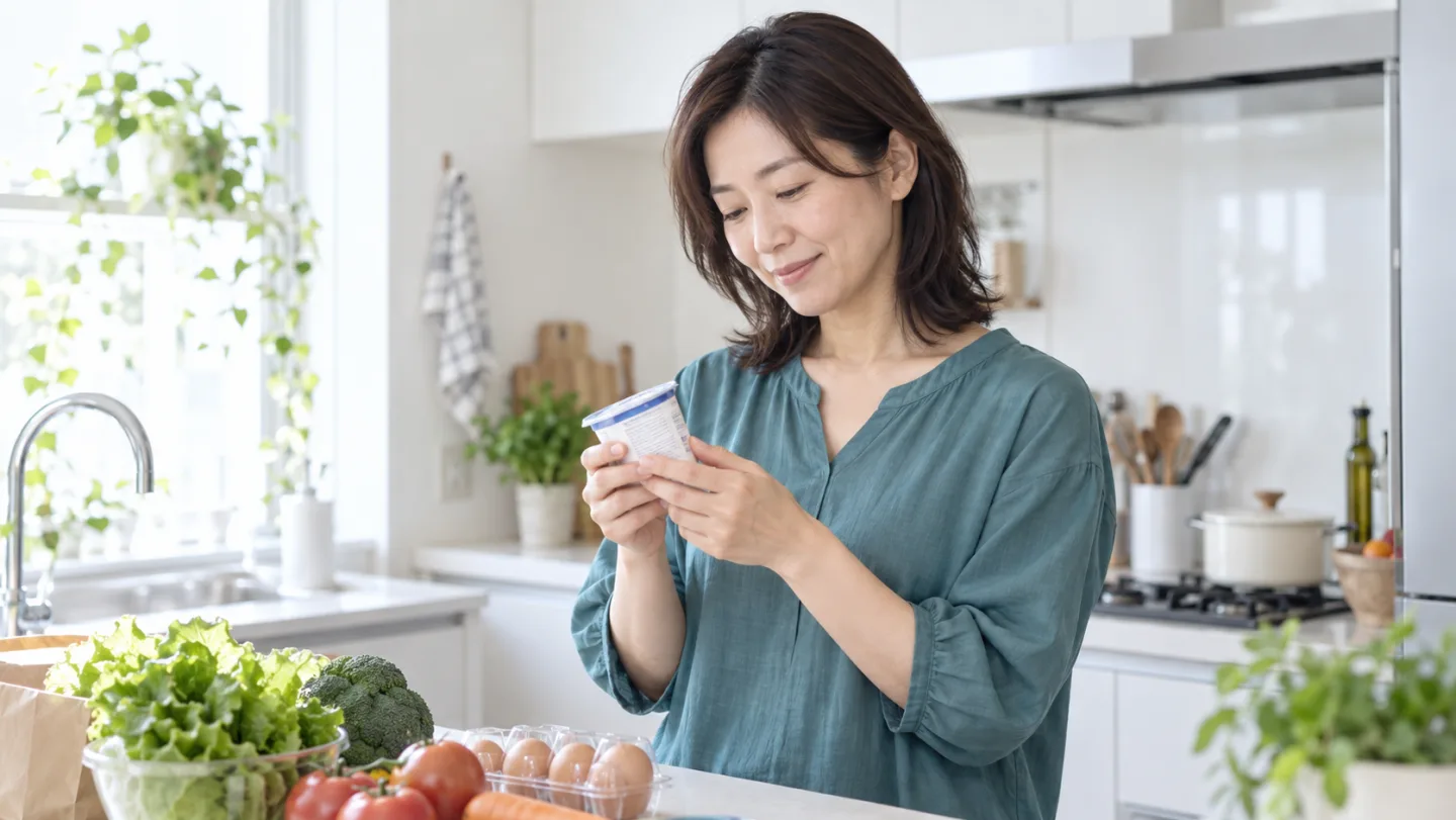 明るいキッチンで食品パッケージの表示を確認する40代女性のイメージ