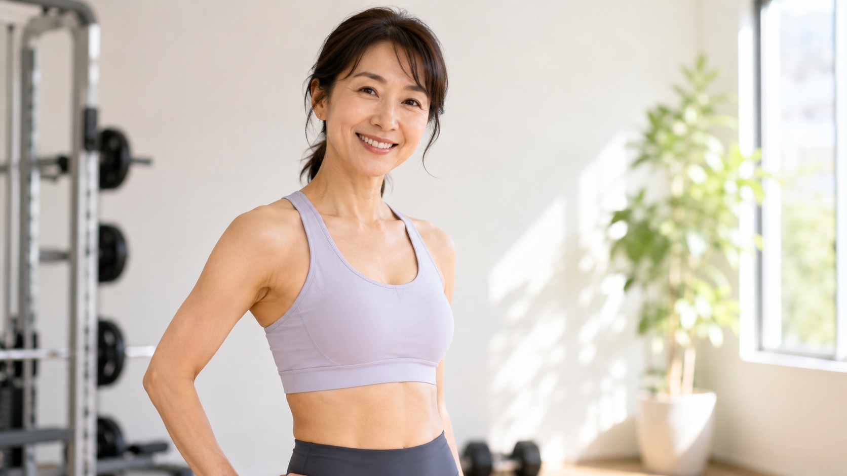 笑顔で体の変化を喜ぶ50代女性のイメージ