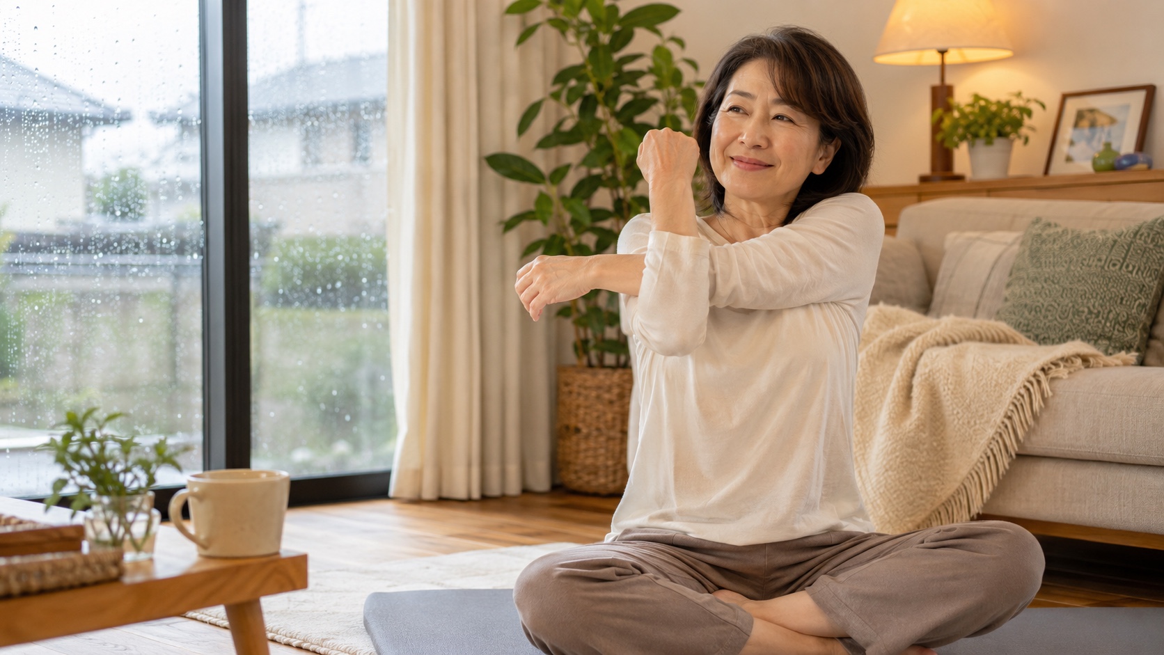 自宅でできる全身ストレッチをする女性・40〜50代向けお家エクササイズ