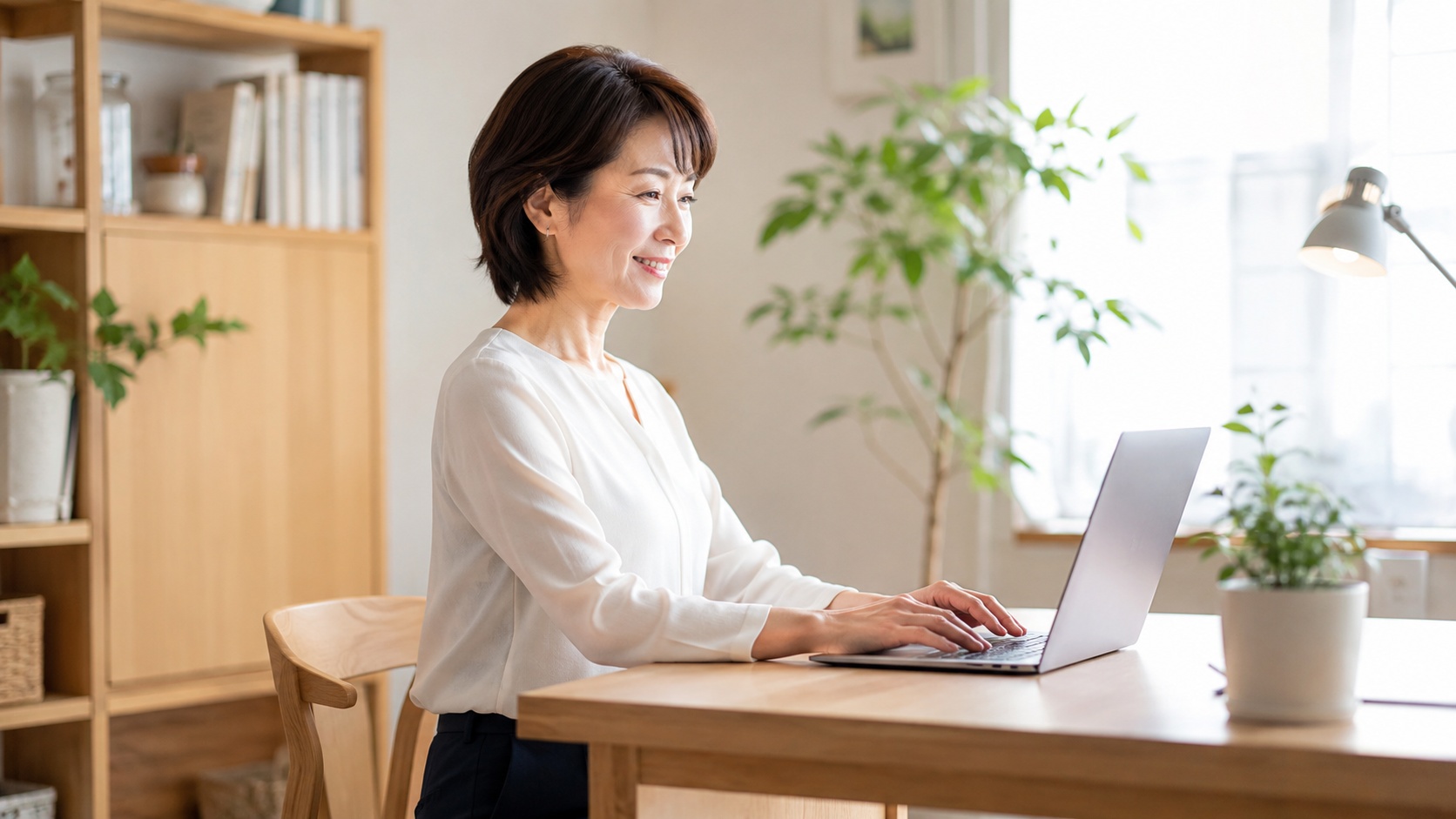 姿勢を整えてデスクワークする40〜50代女性
