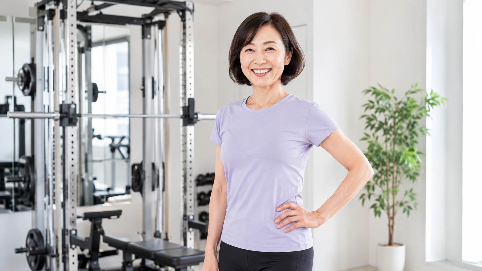 笑顔でトレーニングする40代女性