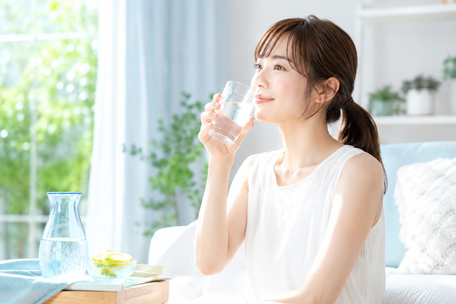 夏の健康管理をする40代女性