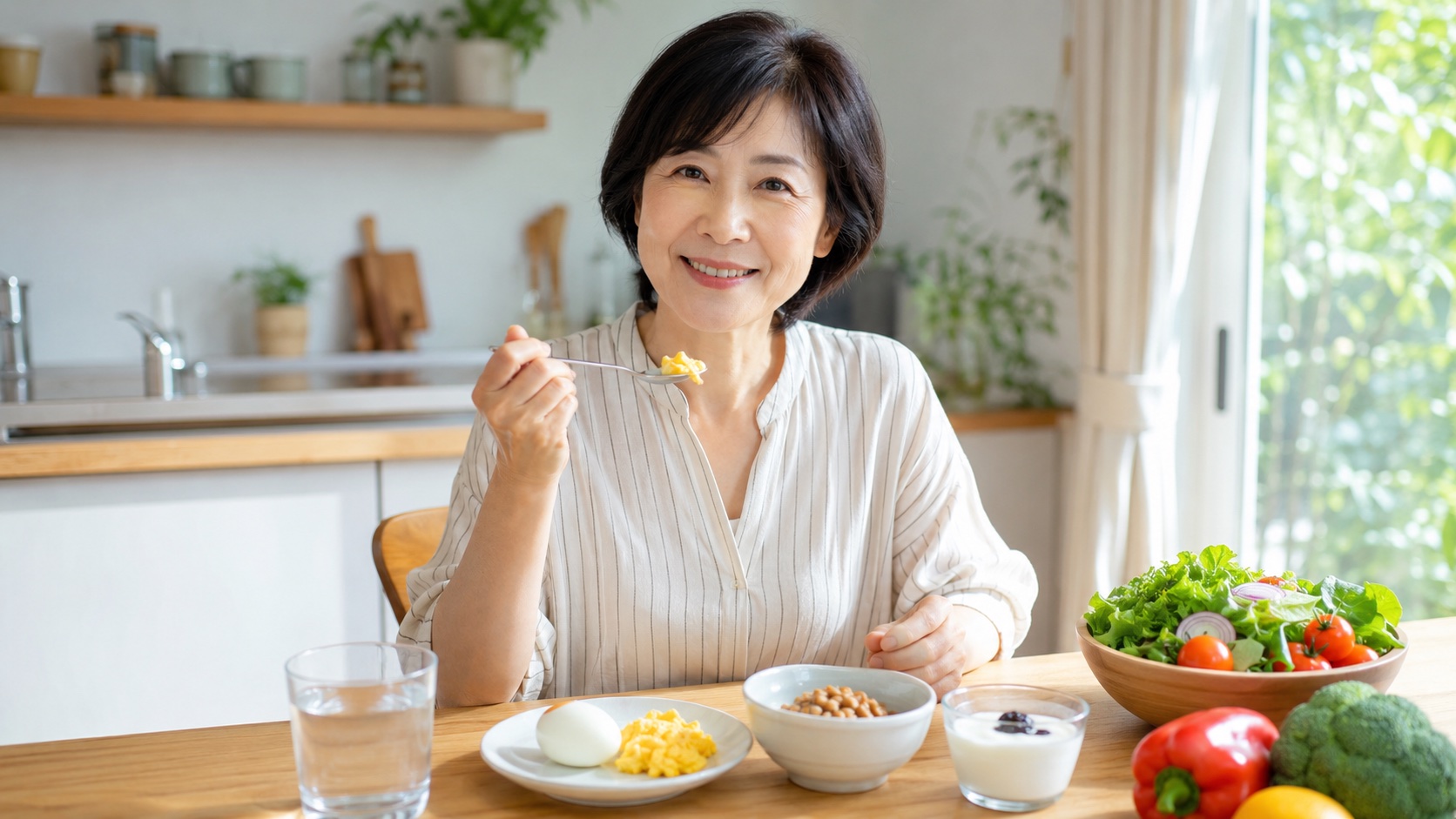 朝食を食べる40代女性