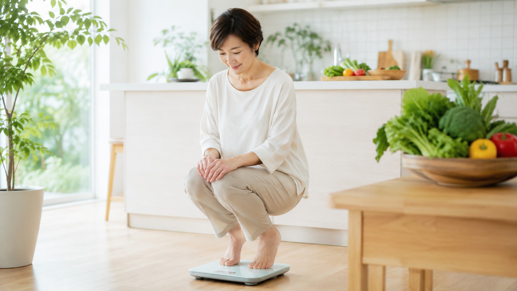 体重計と健康的な食事のイメージ
