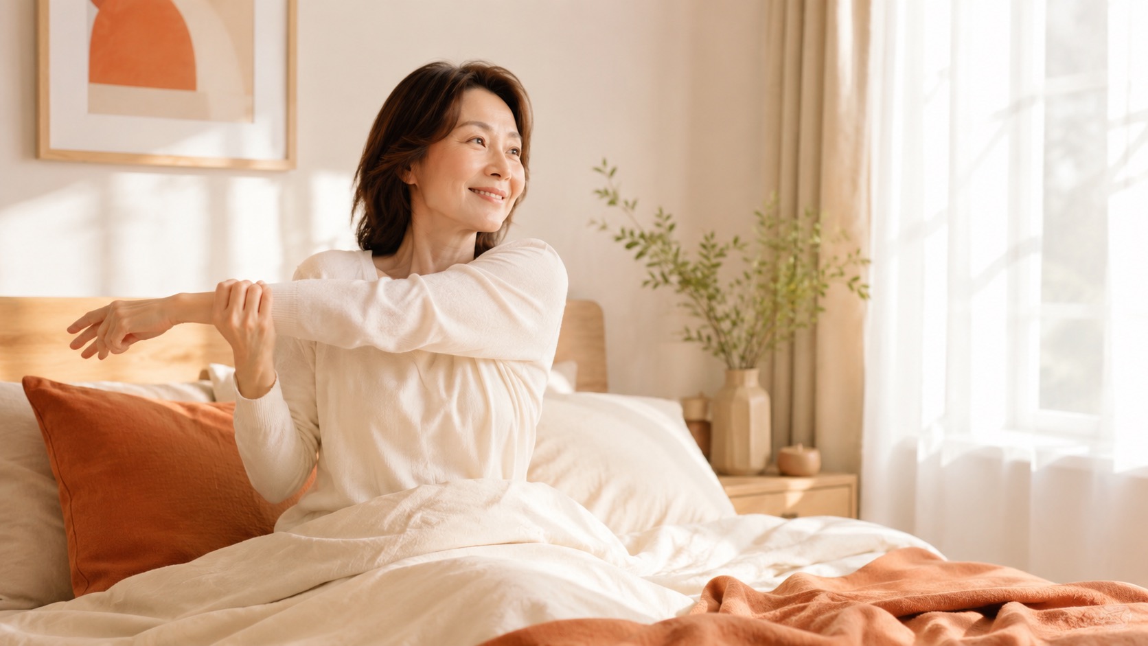 40〜50代女性が布団の中で行う朝のエクササイズのイメージ
