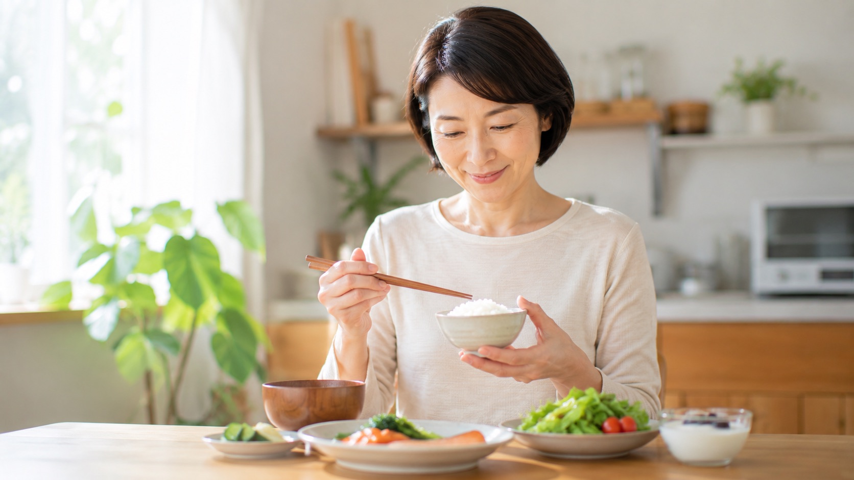 40〜50代女性が主食であるごはんと健康的に向き合うイメージ