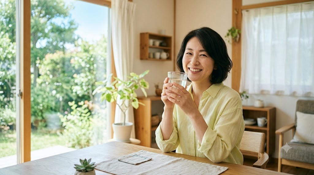 夏の暑さの中でも元気に過ごす40〜50代女性のイメージ