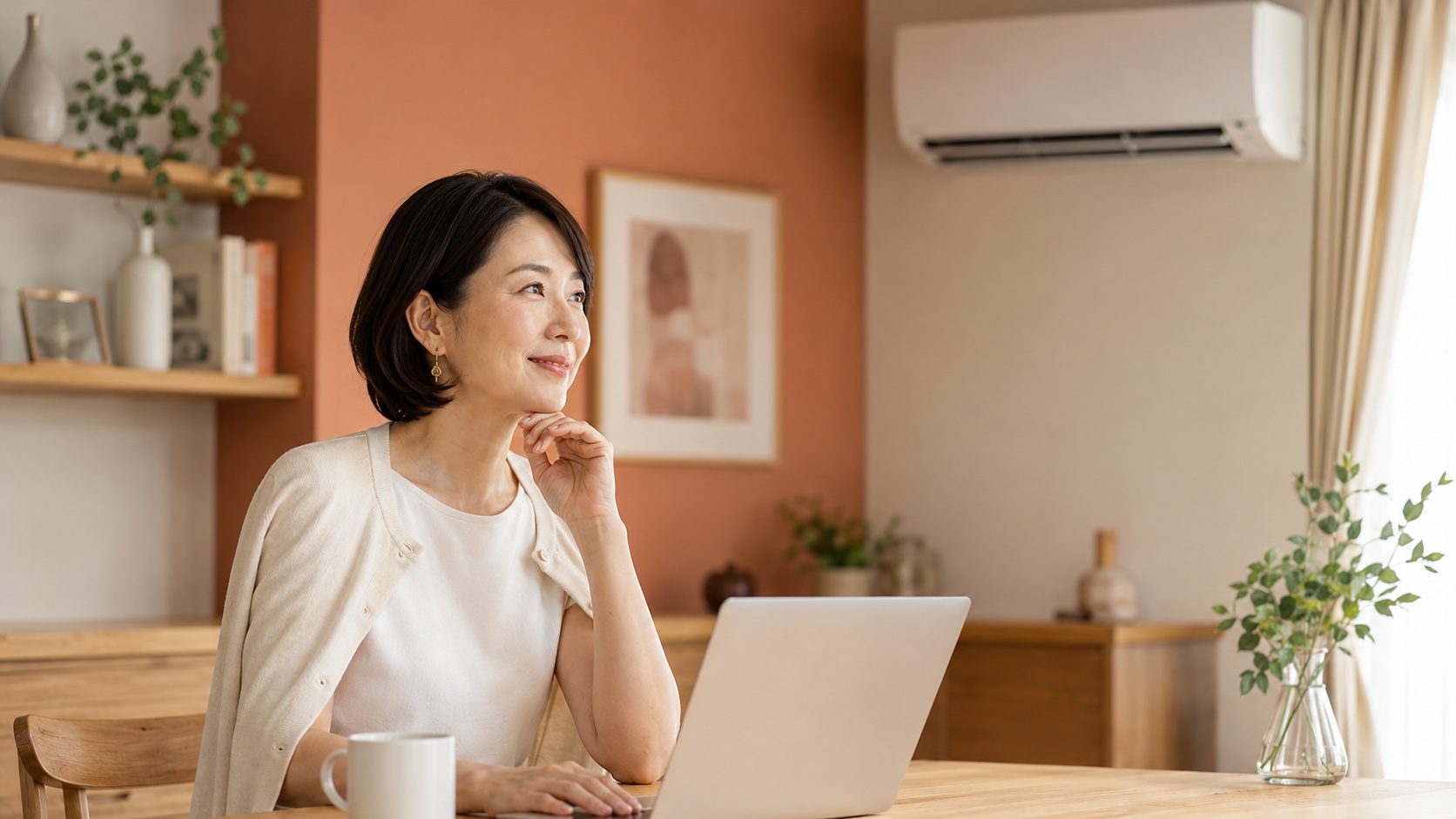 夏のオフィスでデスクワーク中に姿勢を正す女性のイメージ