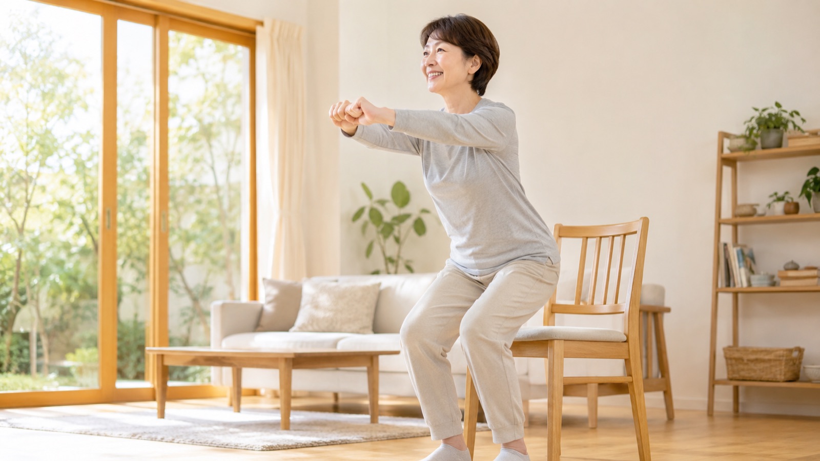 鏡の前で自分の太ももを見て気にする40代女性のイメージ