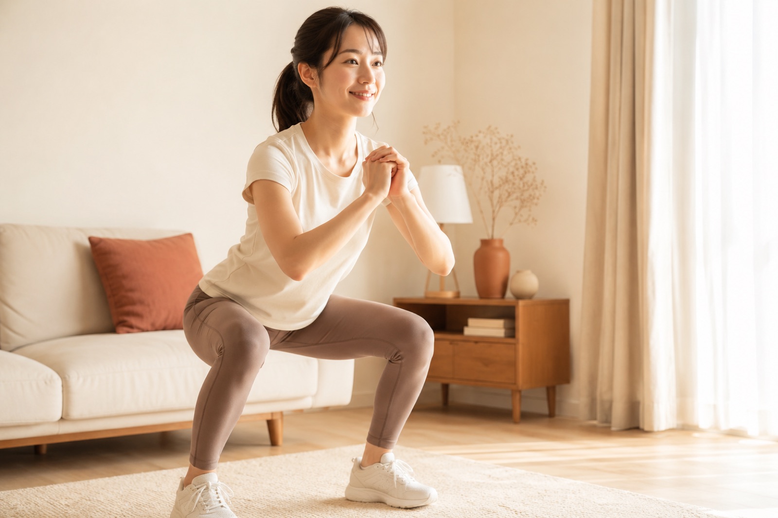 運動をしながら自分の体力の様子を確認する40代女性のイメージ