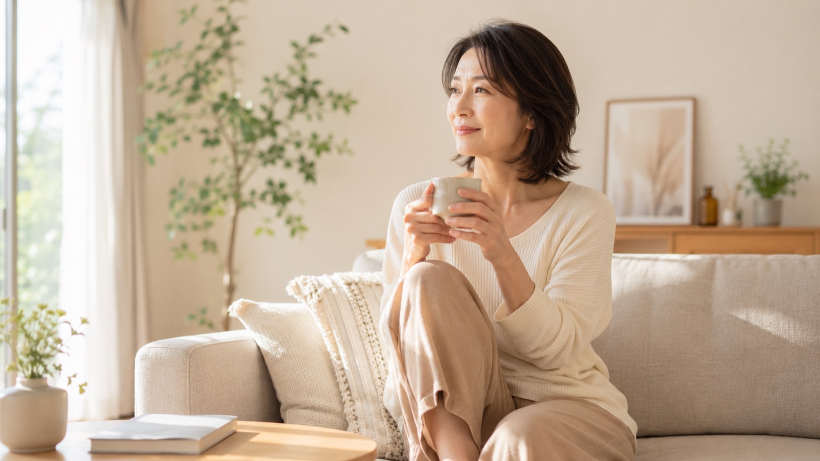 朝の光が差し込むリビングで温かい飲み物を片手にくつろぐ50代女性のイメージ
