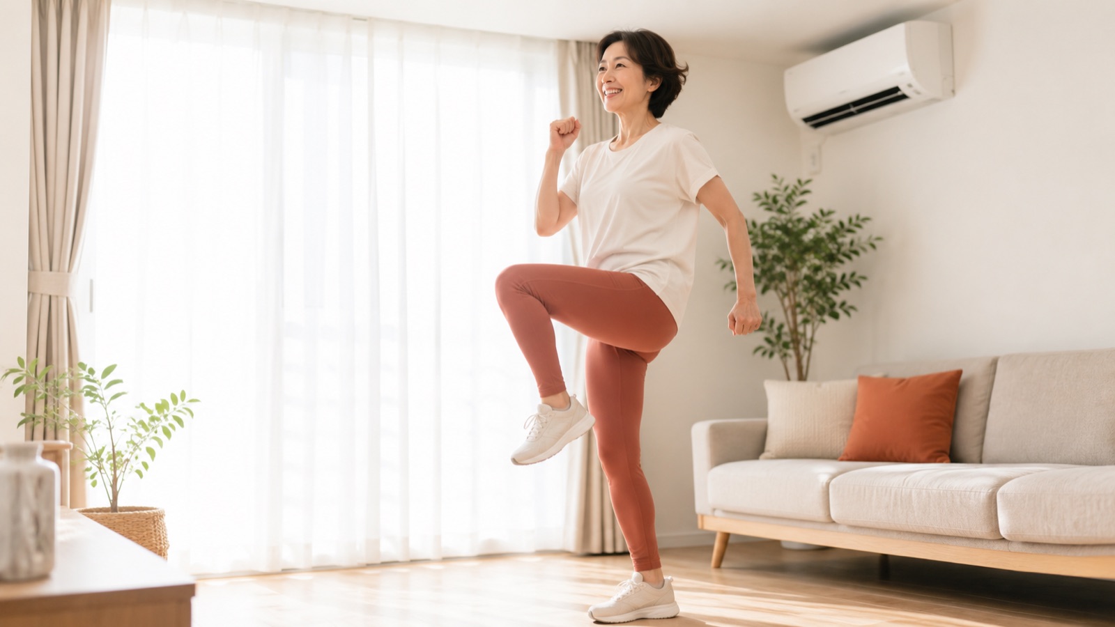 エアコンの効いた部屋で有酸素風エクササイズをする40代女性のイメージ