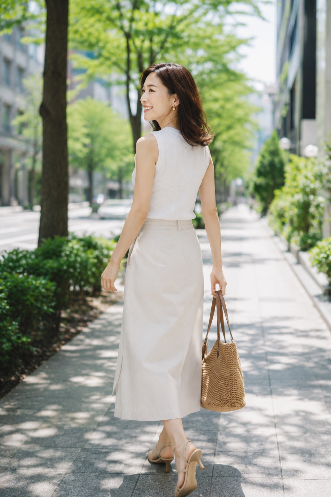 ノースリーブで東京の街を歩く、引き締まった後ろ姿の女性